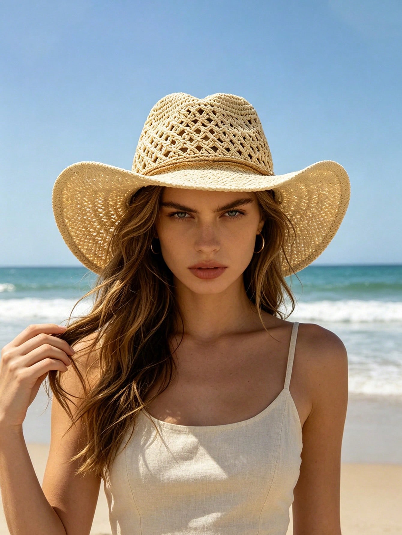 1pc Unisex Retro Hollow Curled - Cowboy Hat Straw reseña y precio